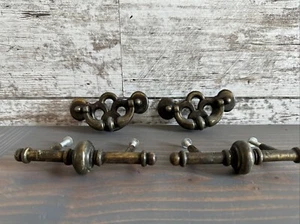 BURNISHED BRASS CABINET DRAWER PULLS SET OF 2 VINTAGE WITH HARDWARE - Picture 1 of 5