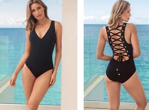 NWT Amoressa Miraclesuit One Piece Cami Lace-Up Back One PC Swimsuit Black SZ 12 - Picture 1 of 4