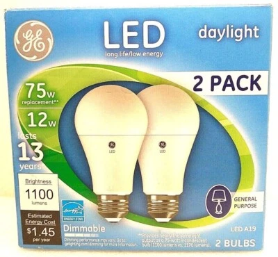 2 Pack) GE LED Daylight A19 Bulbs - 75w Replacement | 12w - Dimmable - Image 1 of 2