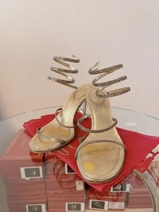 Rene Caovilla Snake Sandals Gold Tone Size 37 US 7 Used Rhinestones missing - Picture 1 of 4