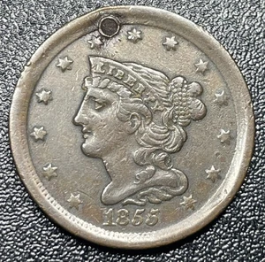 1853 Braided Hair Half Cent Plugged Nice Detailed Coin - Picture 1 of 2