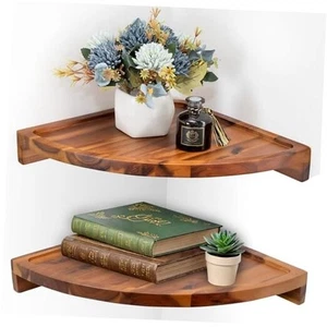 Floating Round Corner Shelves for Wall 2pcs - Wood Wall-Mounted Storage Acacia - Picture 1 of 8