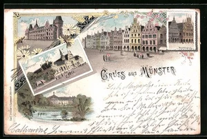 Lithographie Münster, Bahnhof, Post, Schloss - Picture 1 of 2