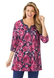 Woman Within Plus Size 7-Day Three-Quarter Sleeve Grommet Notch Tunic - Picture 1 of 16