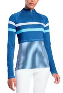 G/Fore Multi Stripe Layered 1/4 Zip Mock Neck Top •Damen M• Mykonos Blue Jersey - Bild 1 von 9