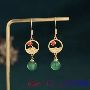 Pendientes con cuentas de jade verde calcedonia joyería natural mujer plata 925 gota - Imagen 1 de 5