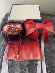 Red Ombré Yukata Set Obi Bow And Bamboo Basket Bag With Drawstring - Picture 1 of 7