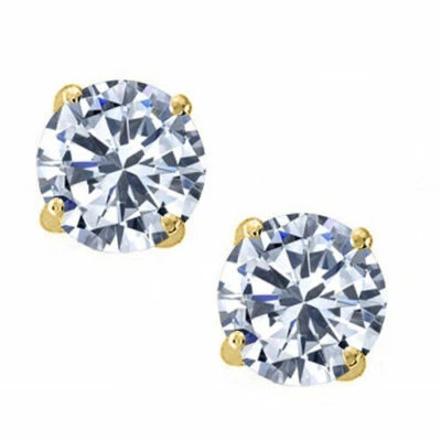 14K Solid YGold created White Sapphire Round Stud w/ Screw Back Stud Earrings - Image 1 of 2