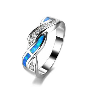 Women Fashion Silver Zircon Blue Simulated Opal Ring Party Jewelry Gift Size 9