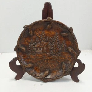 Black Forest Decor 9" Carved Decorative Plate And Stand Forest Cabin - Picture 1 of 7