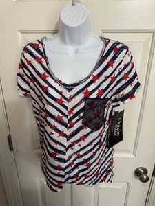 Women's Patriotic T-Shirt USA Flag SML 4th of July V-Neck Short Sleeve Top Bling - Picture 1 of 5