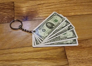 Vintage Money Dollar Bills Keychain $5 $10 $20 $50 $100 Plastic Taiwan 3.5 Inch - Picture 1 of 3