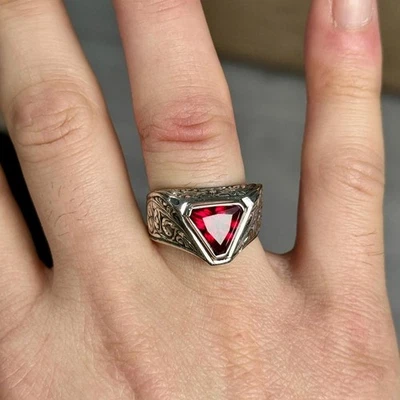 Men Silver Ruby Vintage Engraved Triangle Red Stone Ring - Image 1 of 4