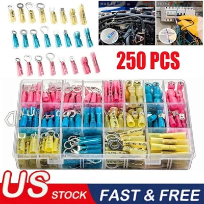 AMERIBOX 250X Heat Shrink Wire Connectors Electrical Ring Fork Spade Crimp Terminals Kit