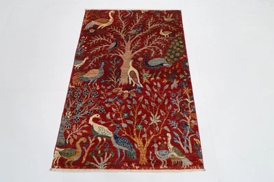 3 x 5 ft  Birds Red Area Rug Afghan Traditional Hand Knotted Wool oriental Rug - Image 1 of 4