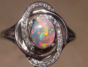 Opal &  Diamond  Ring  , Solid  14k White Gold , Brightness 5+ - Picture 1 of 11