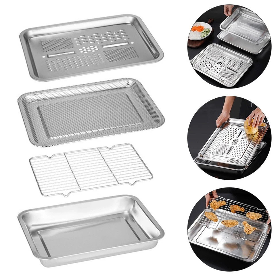  1 Set 4 Pz Cucina Pratico vassoio in acciaio inox PIASTRA DI DRUCINAZIONE - Immagine 1 di 4