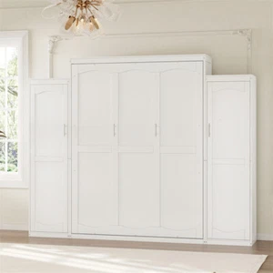Queen Size Murphy Wall Bed with 2 Wardrobe &Storage Shelf for Guest-Room Bedroom - Picture 1 of 17