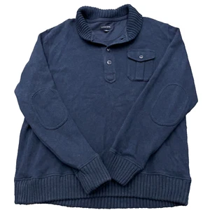 LANDS END Sweater Mens XL Heavy Thick Cotton Elbow Patch Flap Pocket Navy Blue - Picture 1 of 10