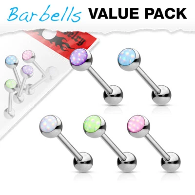 5 Pc Assorted Illumination Stone Ball Surgical Steel Barbells Tongue Rings  - Image 1 of 2