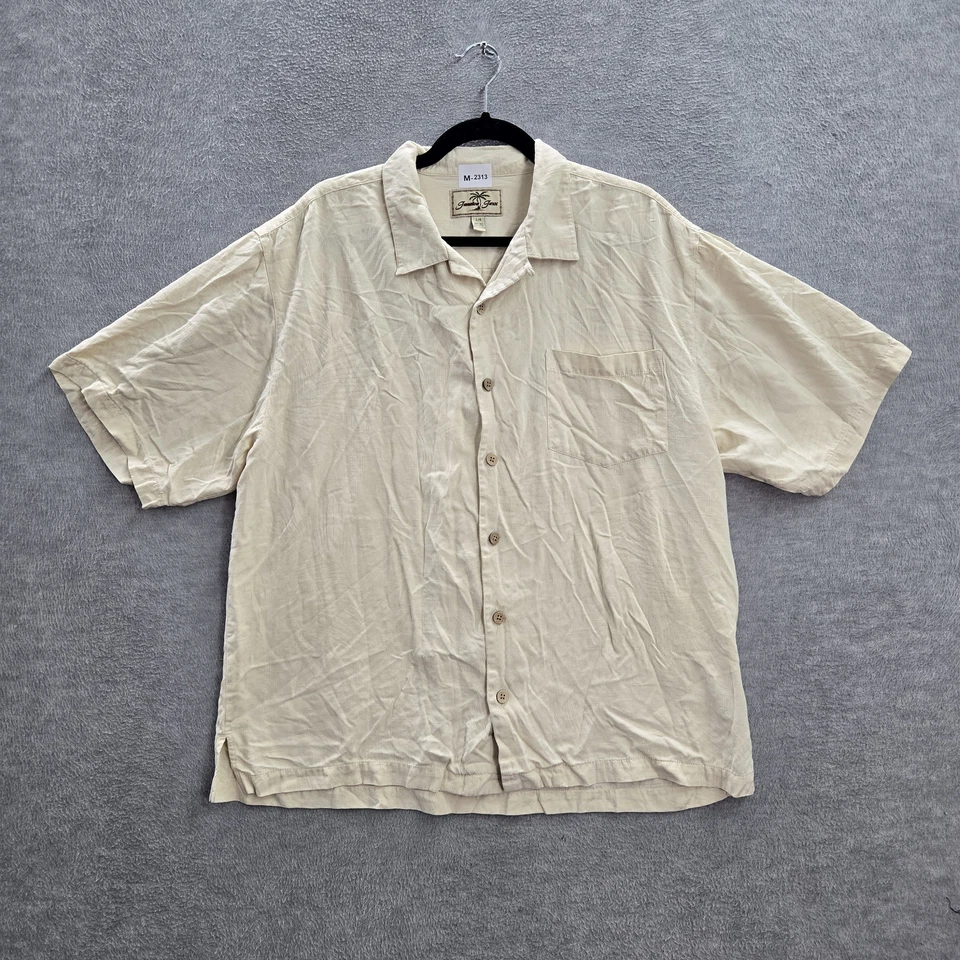 Рубашка мужская Jamaica Jaxx на пуговицах L бежевая 100% шелк повседневный воротник с коротким рукавом - Изображение 1 из 4