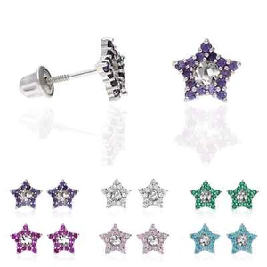 14K White Gold Diamond Cut Color Gemstone Little Star Screw Back Stud Earrings - Picture 1 of 40