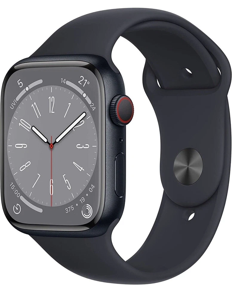 Apple Watch Series 8 45mm Mitternacht Aluminiumgehäuse mit Sportarmband, Regular (GPS + Cellular) (MNK43FD/A)