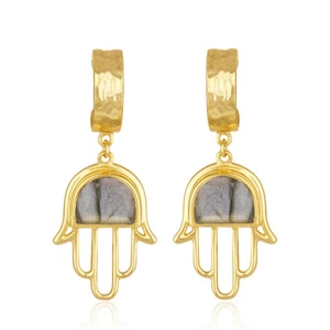 Yellow Gold Plated 925 Silver Labradorite Gemstone Hamsa Hand Cuff Earrings - Picture 1 of 3