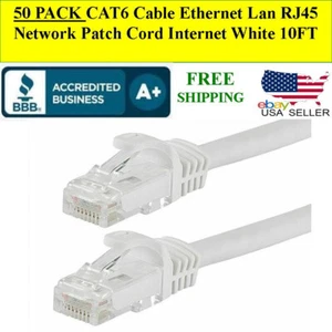 50 PACK CAT6 Cable Ethernet Lan RJ45 Network Patch Cord Internet WHITE 10FT - Afbeelding 1 van 3
