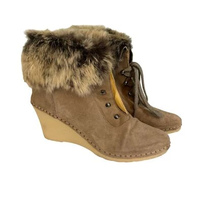 Bettye Muller Boots 37/6.5 Winter Suede Leather Fur Lace Up Ankle Wedge Brown - Image 1 of 4