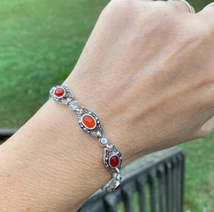 Pulsera de eslabones de cornalina marcasita chapada en plata con detalles de cristal - nueva - Imagen 1 de 10