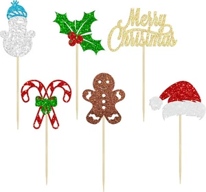 24Pcs Christmas Santa Hat Cupcake Toppers Glitter Holly Leaves Berries Xmas Cake - Picture 1 of 5