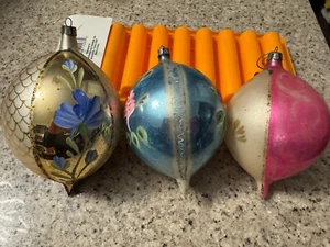 POLAND MERCURY GLASS ORNAMENTS TEARDROP~STRIPED HP FLORAL~LOT OF 3 VINTAGE - Picture 1 of 1