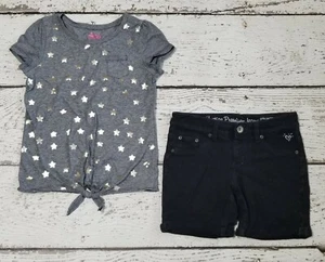 JUSTICE 10 Girls Star Print Top Black Gray & Black Cotton Shorts DC-TT20 - Picture 1 of 4