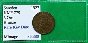 Key Date Old Sweden 5 ore Coin 1927 Vintage World Foreign Low Mintage 36,380 !! - Picture 1 of 2