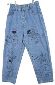 Sesame Street Jeans 23 Small Blue Cropped Elmo Cookie Monster Oscar Hand Drawn - Picture 1 of 8