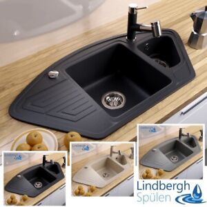 LINDBERGH® Granit Spüle "ANG" + Siphon Einbauspüle Küchenspüle Eckspüle