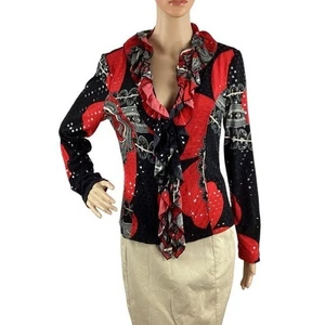 Chaqueta Clara Sunwoo Cremallera Frontal Volantes Roja Negra Estampado Abstracto Talla S - Imagen 1 de 7