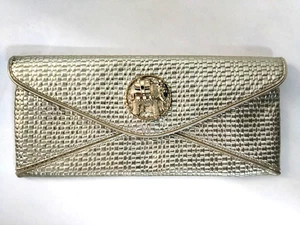 Lilly Pulitzer Gold Basketweave Clutch Tasche Elefant Emblem Handtasche Stil 15153 - Bild 1 von 6