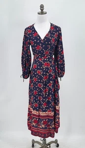 Faithfull the Brand Blue Red Floral Cottagecore Long Sleeve Midi Wrap Dress Sz 4 - Picture 1 of 5