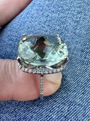 Vintage Estate LARGE 16 Ct  Prasiolite and Diamond Halo Ring Sz  6.5 - Image 1 of 4