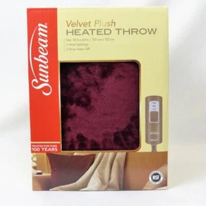 Sunbeam Garnet Red Heated Velvet Throw 50" x 60" 3 Settings 3 Hour Auto Off - Picture 1 of 4