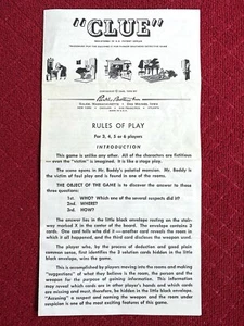 1950 PARKER BROTHERS "CLUE" vintage board game RULES OF PLAY instructions only - Picture 1 of 4