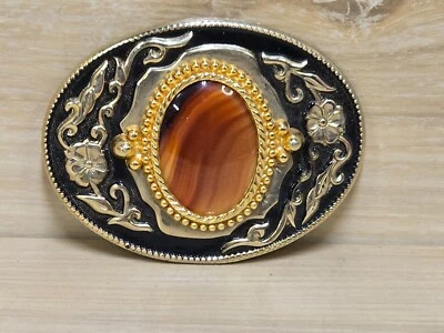 Cinturón Vintage Tono Dorado y Negro con Hebilla Piedra Ágata Naranja Foto 1 de 3