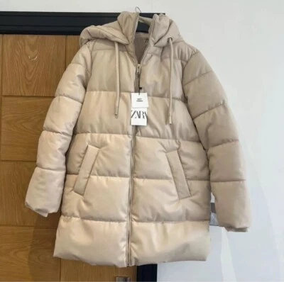 ZARA   ECRU FAUX LEATHER HOODED PUFFER COAT WITH ZIPPED POCKETS SIZE S - Image 1 of 4
