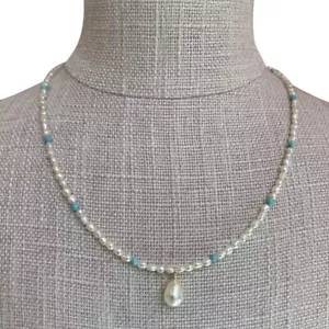 3mm Natural baroque drop Freshwater Pearl w/natural turquoise necklace 40cm N375 - Picture 1 of 16
