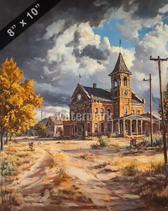 A Western town with a classic old courthouse oil Painting 8x10 Print - Picture 1 of 1