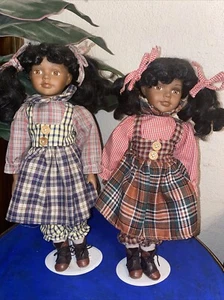 African American Twin Girls Porcelain Dolls With Stands Country Prairie Dress - Picture 1 of 2