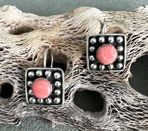 Vintage Pink Rhodochrosite Earrings 925 Sterling Silver Raindrops Mexico - Picture 1 of 7