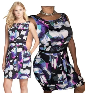 Eliza J $178 Floral Faille Zip Bateau Pocket Dress Jewel Watercolor Print Sz 8 - Picture 1 of 7